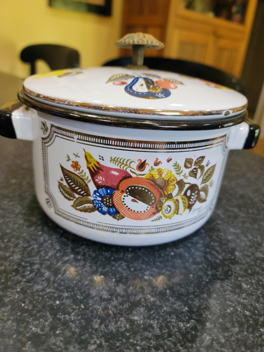 VTG Mid Century Georges Briard Enamelware Lidded Casserole Pot Fruit Design